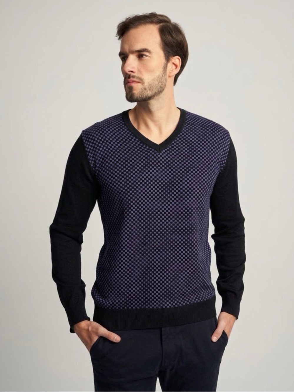 Ted Baker Black & Purple Geometric Print V Neck Fine Knit Sweater, size 4 (L)